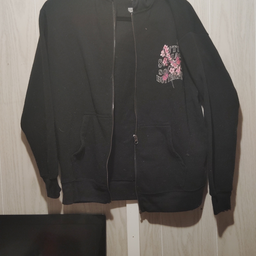 Black Zip-Up Hoodie with Pink Graphic